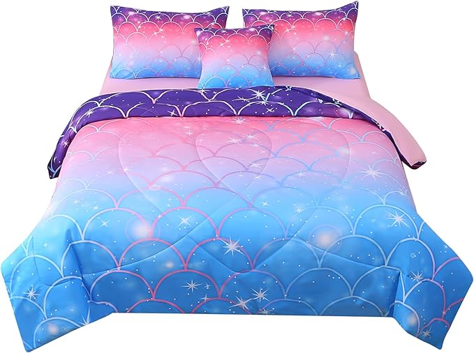 JQinHome Twin Size Mermaid Comforter Set, 6 Piece Bed in A Bag 3D Colorful Bedding Set for Girls kids (1 Comforter,2 Pillowcases,1 Flat Sheet,1 Fitted Sheet,1 Cushion Cover)(Pink Mermaid Scale) - LeafyLoom