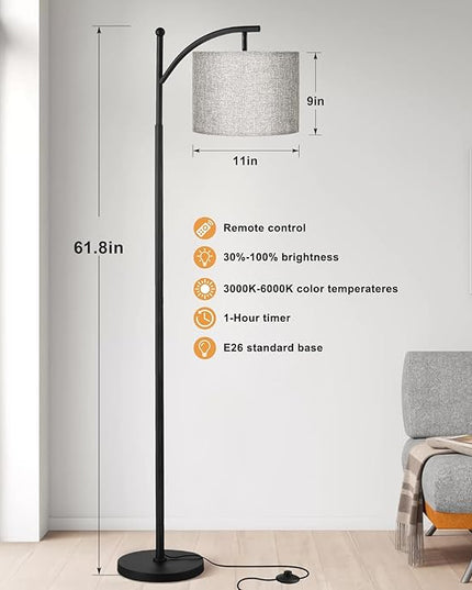Ambimall Floor Lamp with Remote Control and Stepless Dimmable Bulb, Colors Temperature & Brightness Adjustable, Modern Floor Lamps for Living Room（Grey Shade & Black Pole） - LeafyLoom