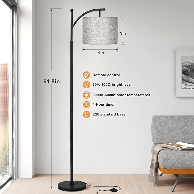Ambimall Floor Lamp with Remote Control and Stepless Dimmable Bulb, Colors Temperature & Brightness Adjustable, Modern Floor Lamps for Living Room（Grey Shade & Black Pole） - LeafyLoom