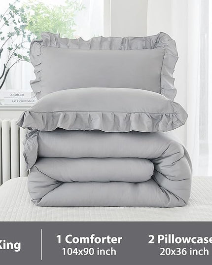 Andency Silver Gray Comforter Set King, 3 Pieces Farmhouse Shabby Chic Ruffle Comforter, Lightweight Fluffy Soft Microfiber All Season Solid Bed Comforter Set (1 Ruffle Comforter & 2 Pillowcases) - LeafyLoom