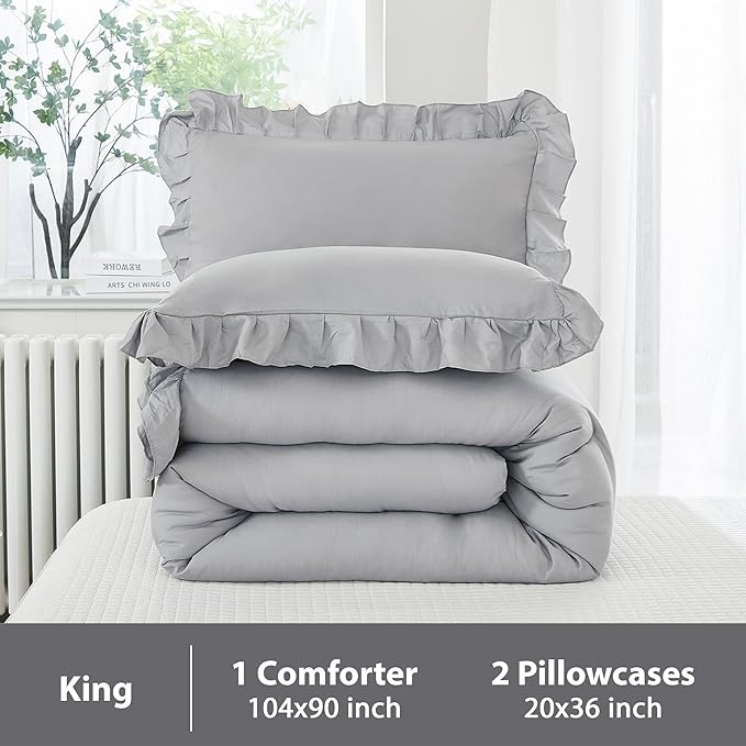 Andency Silver Gray Comforter Set King, 3 Pieces Farmhouse Shabby Chic Ruffle Comforter, Lightweight Fluffy Soft Microfiber All Season Solid Bed Comforter Set (1 Ruffle Comforter & 2 Pillowcases) - LeafyLoom