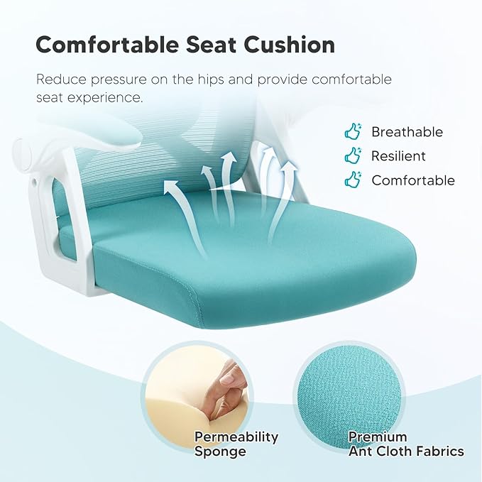 SEATZONE Office Chair, High Back Ergonomic Desk Chair Mesh Computer Chair with Adjustable Lumbar Support and Headrest, Swivel Task Chair with Flip-up Armrests for Home Office,Lake Blue - LeafyLoom