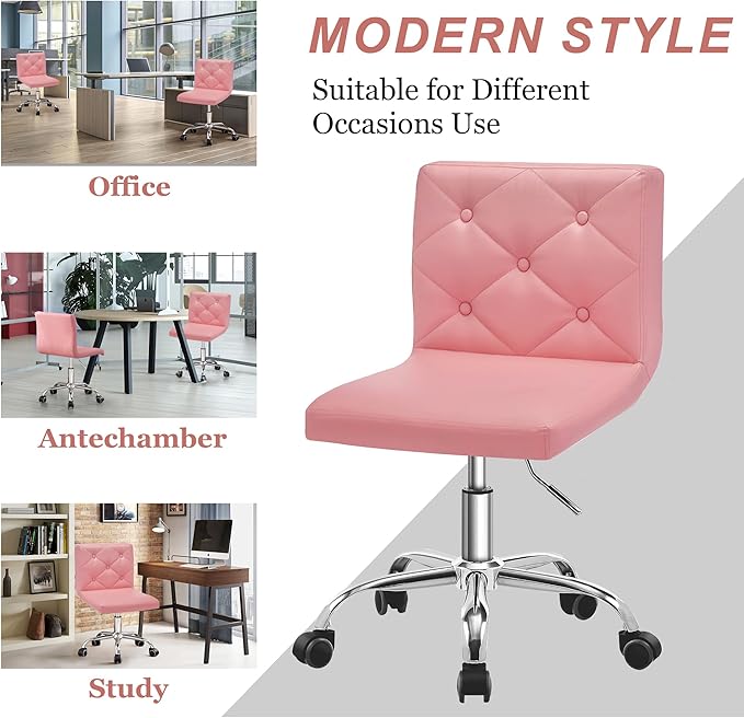 VECELO PU Leather Mid-Back Armless Desk Chair Adjustable Height 360° Rolling Swivel for Home Office Work, Pink - LeafyLoom