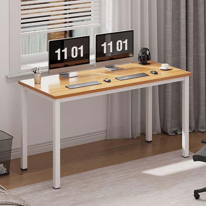 Need 55 Inch Large Computer Desk - Modern Simple Style Home Office Gaming Desk, Basic Writing Table for Study Student, White Metal Frame, Teak - LeafyLoom
