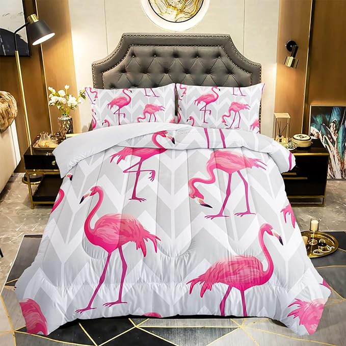 Flamingo Comforter Set Twin Size Tropical Flamingo Geometric Stripe Bedding Set Flamingo Quilted Duvet for Kids Girls Boys Adult with 1 Comforter and 2 Pillowcases - LeafyLoom