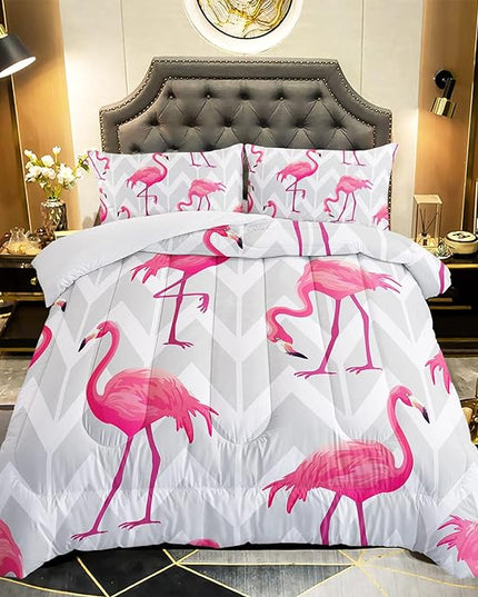 Flamingo Comforter Set Full Size Tropical Flamingo Geometric Stripe Bedding Set Flamingo Quilted Duvet for Kids Girls Boys Adult with 1 Comforter and 2 Pillowcases - LeafyLoom