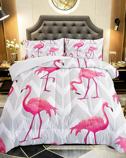 Flamingo Comforter Set Queen Size Tropical Flamingo Geometric Stripe Bedding Set Flamingo Quilted Duvet for Kids Girls Boys Adult with 1 Comforter and 2 Pillowcases - LeafyLoom