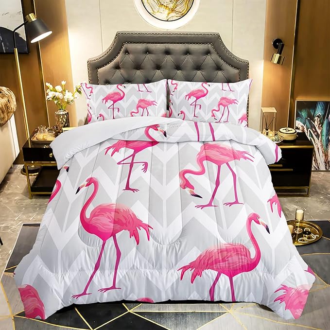 Flamingo Comforter Set Queen Size Tropical Flamingo Geometric Stripe Bedding Set Flamingo Quilted Duvet for Kids Girls Boys Adult with 1 Comforter and 2 Pillowcases - LeafyLoom