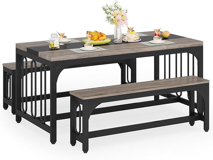 Tribesigns 55 Inch Dining Table Set for 4-6, 3-Piece Kitchen Table with 2 Benches, Space-Saving Dining Room Table Set for Home Kitchen, Restaurant, Grey - LeafyLoom