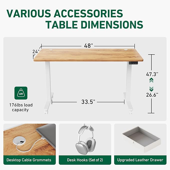 FEZIBO 48 x 24 Inches Standing Desk with Drawer, Adjustable Height Electric Stand up Desk with Storage, Sit Stand Home Office Desk, Ergonomic Computer Desk, Light Rustic - LeafyLoom
