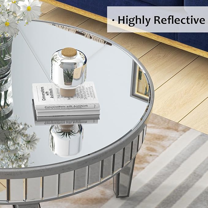Mirrored Coffee Table - Round Glass Coffee Table with Highly Reflective Mirror - Retro Style - Easy Assembly - Traditional Silver Frame - 31.5 Inch Diameter - Ideal for Living Room - LeafyLoom