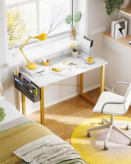 ODK Laptop Desk Study Desk, 32 Inch Small Desk, Writing Desk with Storage, Work Table with Headphone Hook for Small Space Home Office, White Marble + Gold Leg - LeafyLoom