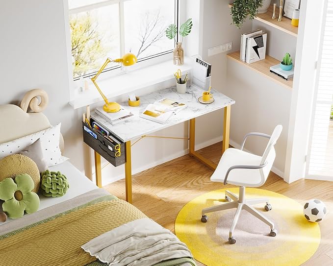 ODK Laptop Desk Study Desk, 32 Inch Small Desk, Writing Desk with Storage, Work Table with Headphone Hook for Small Space Home Office, White Marble + Gold Leg - LeafyLoom