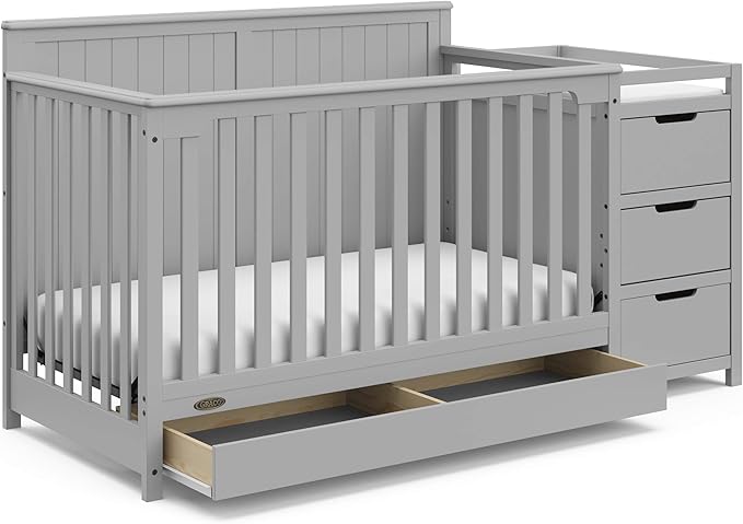 Graco Hadley 5-in-1 Convertible Crib and Changer with Drawer (Pebble Gray) – Crib and Changing-Table Combo with Drawer, Includes Changing Pad, Converts to Toddler Bed, Daybed and Full-Size Bed - LeafyLoom