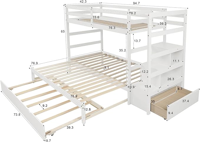 Wooden Bunk Bed Twin Over Twin/King Size with Stairs Storage and Trundle, Extendable Bunkbeds with Two Open Shelves and Drawer, for Kids Teens Adults Bedroom, White - LeafyLoom
