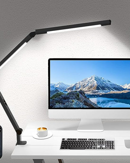 LED Desk Lamp with Clamp, Architect Desk Lamp for Home Office with Remote Control, Swing Arm Clamp on Desk Light, Clip-on Eye-Care Adjustable 5 Brightness Levels Table Light for Working Drafting - LeafyLoom