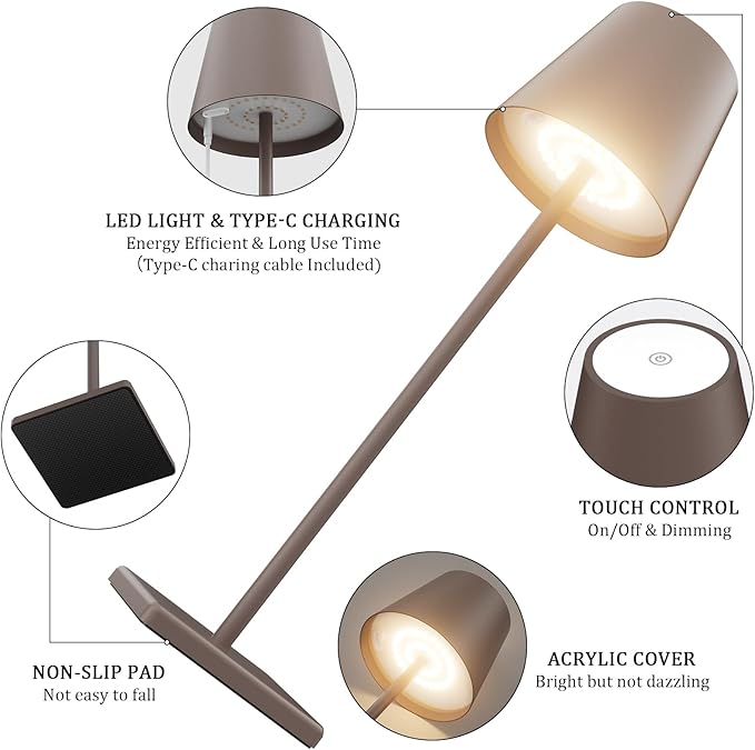 2 Packs LED Cordless Table Lamp, Rechargeable Battery Desk lamp 5500mAh Battery Operated Stepless Dimming Modern Portable Table Light for Restaurant/Table/Bedroom/Outdoor IP54 Waterproof (Rust Red) - LeafyLoom