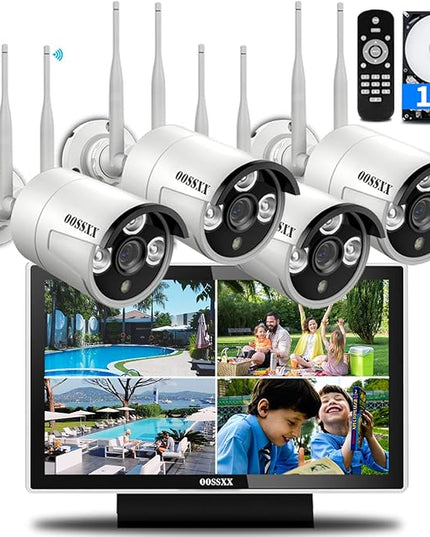 (All-in-One Monitor) 2-Antennas Enchance Outdoor Security Camera System Wireless with Monitor WiFi Home Surveillance System 3.0MP Video Surveillance OOSSXX