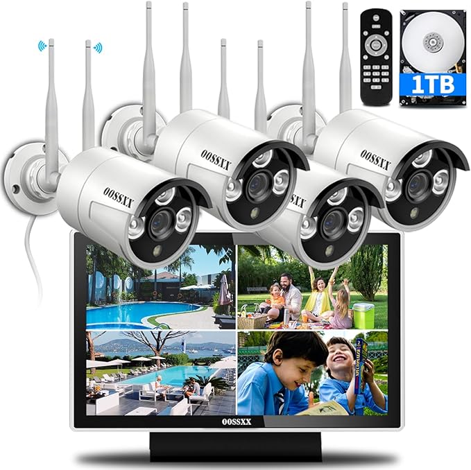 (All-in-One Monitor) 2-Antennas Enchance Outdoor Security Camera System Wireless with Monitor WiFi Home Surveillance System 3.0MP Video Surveillance OOSSXX