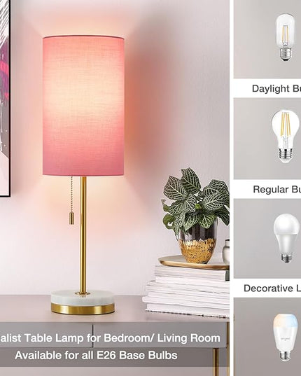 Luvkczc Minimalist Table Lamp Set of 2, Nightstand Lamp for Bedroom Living Room, Modern Pull Chain Bedside Lamp with Marble Base, Fabric Shade, Small Desk Lamp for Home, Office, Reading,Pink - LeafyLoom