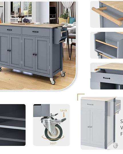 Kitchen Island Cart with Solid Wood Top, Mobile Kitchens Carts with Storage Cabinet, Rolling Kitchen Table w/Spice Rack, Towel Rack, and Drawer, Portable Islands on Wheels for Bar - LeafyLoom
