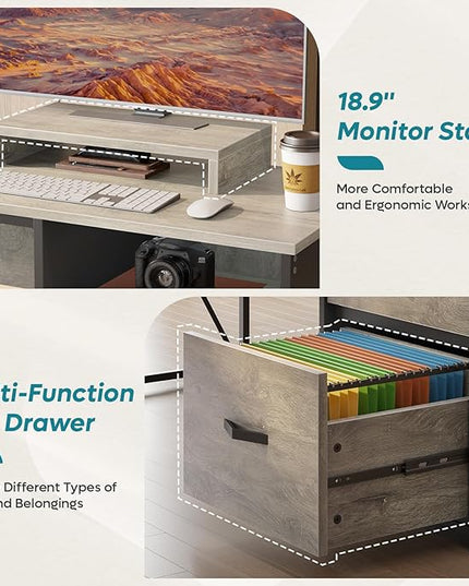 Bestier L Shaped Desk with Drawers, 55 inch Office L Desk with Reversible File Drawer, Industrial Wood Computer Desk with Monitor Stand (Retro Grey Oak Light) - LeafyLoom