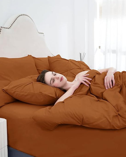 Ubauba 7pc Burnt Orange Queen Comforter Set, Rust 7 Piece Pintuck Bed in a Bag with Sheets, All Season Pinched Pleat Bedding Comforters & Sets,(Rustic, Queen Size) - LeafyLoom