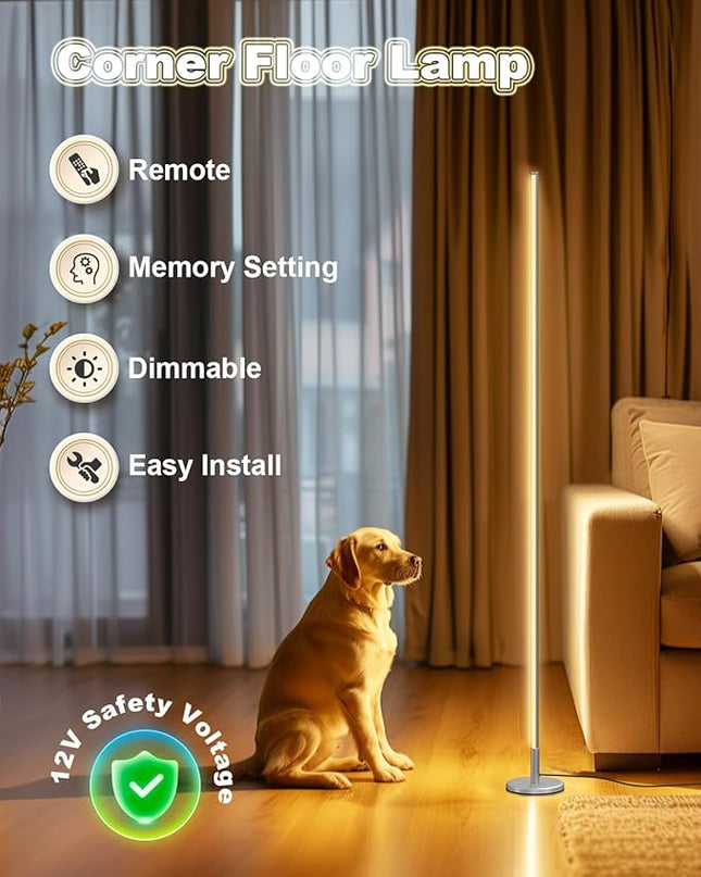 TACAHE Minimalist Corner Floor Lamp - 2700K-6500K Dimmable LED Night Light - Modern Standing Mood Lamp with Remote Control for Living Room, Bedroom - 57" 12W - Silver - 1Pack - LeafyLoom