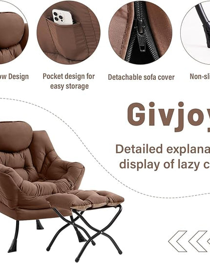 Cozy Lazy Chair and Ottoman, Large Contemporary Accent Lounge Chair Set, Leisure Upholstered Reading Armchair for Bedroom, Living Room, Dorm Rooms, Office - LeafyLoom