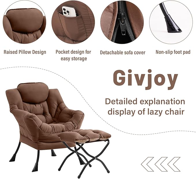 Cozy Lazy Chair and Ottoman, Large Contemporary Accent Lounge Chair Set, Leisure Upholstered Reading Armchair for Bedroom, Living Room, Dorm Rooms, Office - LeafyLoom