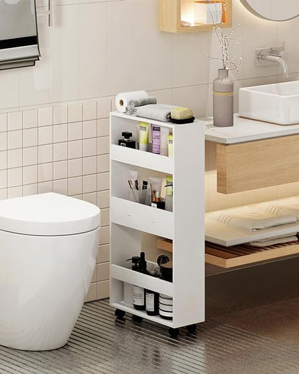Slim Storage Cart, 4-Tier Kitchen Rolling Cart Narrow Mobile Utility Organizer for Bathroom Livng Room Laundry Room Small Spaces, White - LeafyLoom