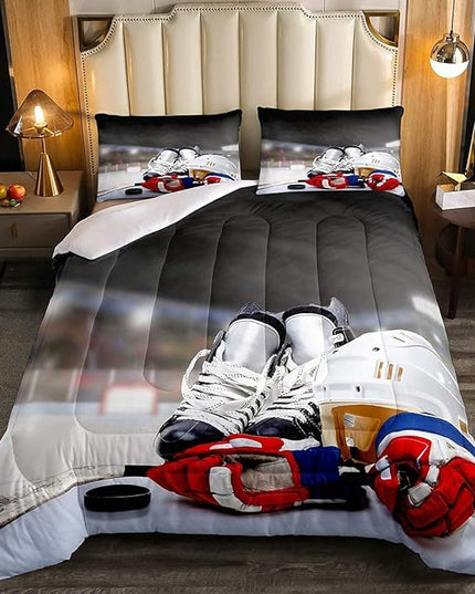 Erosebridal Ice Hockey Comforter Set King, Hockey Player Down Comforter for Kids Boys Girls Teens Juvenile, Sports Game Duvet Set, Soft Winter Quilted Duvet Sports Bedroom Decor for All Season - LeafyLoom
