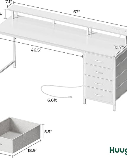 63 Inch Computer Desk with Power Outlets and LED Lights, Gaming Desk with 4 Drawers, Office Desk with Monitor Stand, Study Desk Work Desk for Home Office, White - LeafyLoom