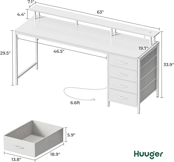 63 Inch Computer Desk with Power Outlets and LED Lights, Gaming Desk with 4 Drawers, Office Desk with Monitor Stand, Study Desk Work Desk for Home Office, White - LeafyLoom