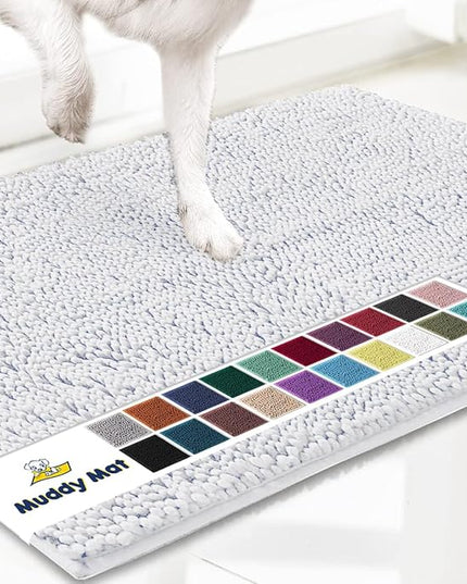 Muddy Mat® Shown on TV – Super Absorbent Microfiber Dog Door Mat for Muddy Paws, Non-Slip Washable Pet Rug, Quick Dry Chenille Entryway Carpet, Machine Washable Indoor Outdoor mat, White 28"x18" MuddyMat
