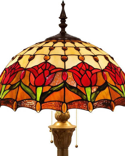 WERFACTORY Tiffany Floor Lamp Red Amber Tulip Flower Stained Glass Standing Reading Light 16X16X64 Inches Antique Pole Corner Lamp Decor Bedroom Living Room Home Office S030 Series - LeafyLoom