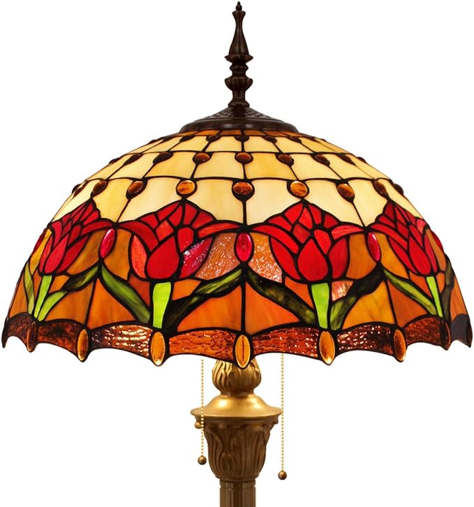 WERFACTORY Tiffany Floor Lamp Red Amber Tulip Flower Stained Glass Standing Reading Light 16X16X64 Inches Antique Pole Corner Lamp Decor Bedroom Living Room Home Office S030 Series - LeafyLoom