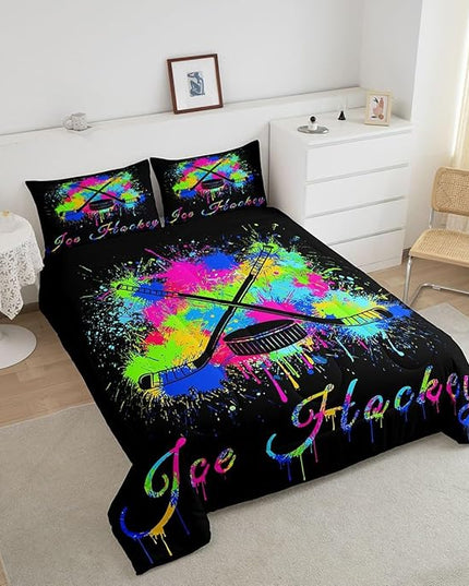 Kids Ice Hockey Comforter Set Full Size Gaming Sports Bedding Set for Boys Girls Teens Bedroom Decor Ice Sports Games Tie Dye Comforter Hockey Player Duvet Set with 2 Pillow Case - LeafyLoom