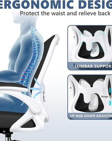 Office Chair Desk Chair, Ergonomic Mesh Computer Chair Home Office Desk Chairs, Swivel Task Chair Mid Back Breathable Rolling Chair with Adjustable Lumbar Support Flip Up Armrest (White) - LeafyLoom