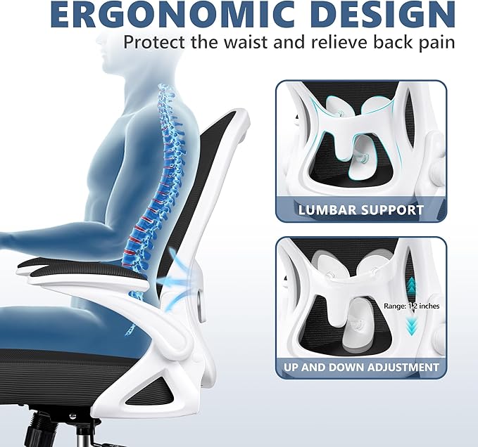 Office Chair Desk Chair, Ergonomic Mesh Computer Chair Home Office Desk Chairs, Swivel Task Chair Mid Back Breathable Rolling Chair with Adjustable Lumbar Support Flip Up Armrest (White) - LeafyLoom