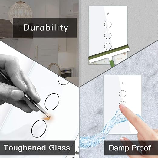 MOES 2.4GHz WiFi Wall Touch Smart Switch Neutral Wire Required, 3 Way Multi-Control, Glass Panel Light Switch Work with Smart Life/Tuya App, RF433 Remote Control, Alexa and Google Home White 3 Gang MOES