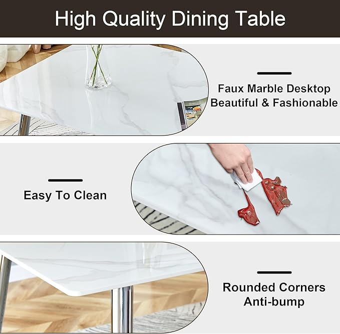 NicBex Modern Minimalist Rectangular Dining Table with 0.4 Inch White Imitation Marble Tabletop and Silver Metal Legs Suitable for Kitchens, Restaurants, and Living Rooms, White - LeafyLoom