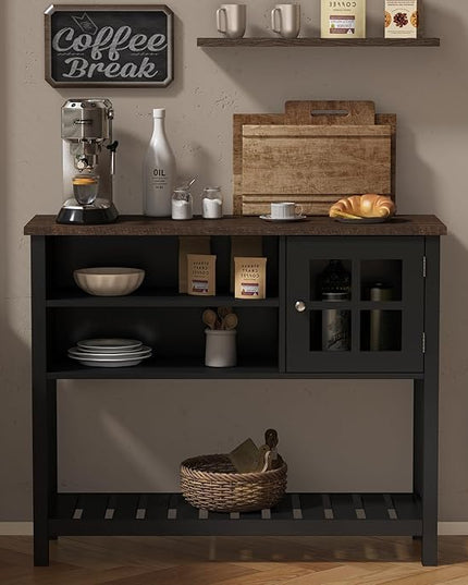 ChooChoo Farmhouse Coffee Bar Cabinet, Buffet Cabinet with Storage, Sideboard Buffet Cabinet with Glass Door, Console Table for Kitchen, Hallway, Entrance, Black - LeafyLoom