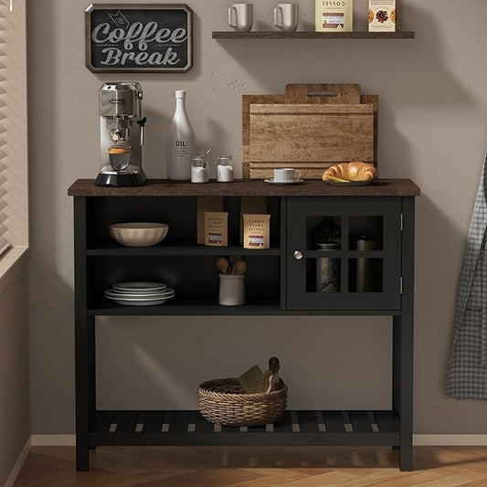 ChooChoo Farmhouse Coffee Bar Cabinet, Buffet Cabinet with Storage, Sideboard Buffet Cabinet with Glass Door, Console Table for Kitchen, Hallway, Entrance, Black - LeafyLoom