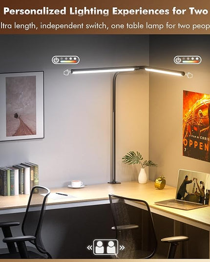 Quntis Double Head LED Tall Desk Lamp for Home Office, 31.5-inch Foldable Computer Desk Light with Clamp, Dimmable Dual Monitor Light Bar for Curved Screen Architect Drafting Design - 32 Modes - LeafyLoom