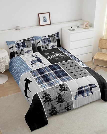 Rustic Adventure Kids Comforter Set Queen Size,Deer Bear Pine Trees Xmas Bedding Set for Boys Girls Adults Room Decor,Plaids Arrows Wooden Patchwork Down Comforter,Blue Duvet Insert,2 Pillowcases - LeafyLoom
