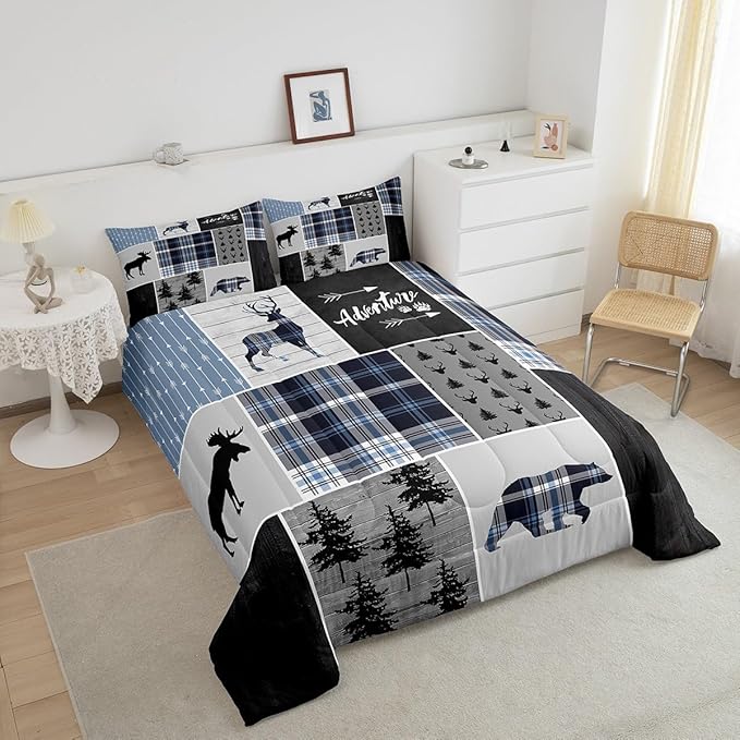 Rustic Adventure Kids Comforter Set Queen Size,Deer Bear Pine Trees Xmas Bedding Set for Boys Girls Adults Room Decor,Plaids Arrows Wooden Patchwork Down Comforter,Blue Duvet Insert,2 Pillowcases - LeafyLoom