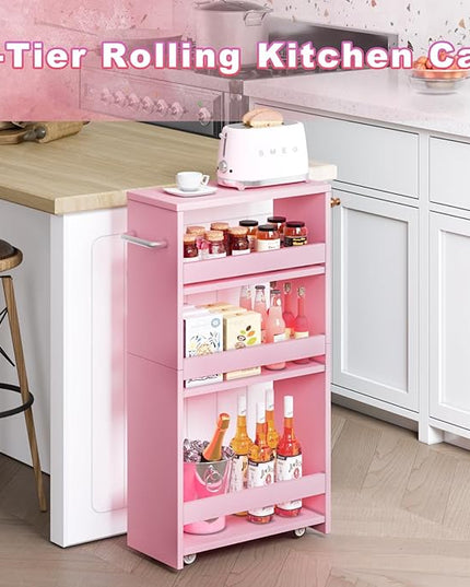 MARTY Rolling Storage Cart 7.9" W, Pink 4-Tier Wood Slim Kitchen Cart on Wheels, Laundry Room Organization with Handle Mobile Bookshelf Utility Cart Trolley for Kitchen Bathroom - LeafyLoom
