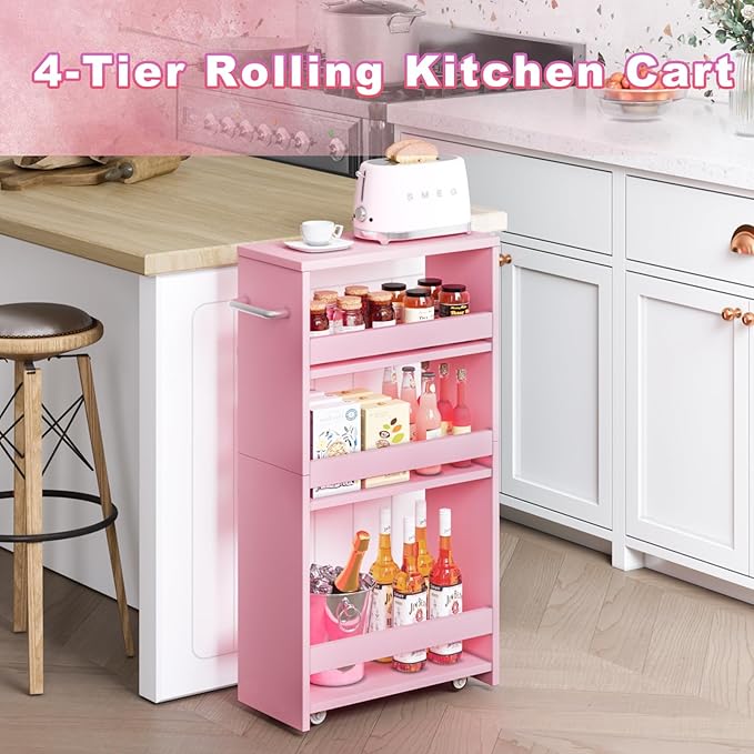 MARTY Rolling Storage Cart 7.9" W, Pink 4-Tier Wood Slim Kitchen Cart on Wheels, Laundry Room Organization with Handle Mobile Bookshelf Utility Cart Trolley for Kitchen Bathroom - LeafyLoom