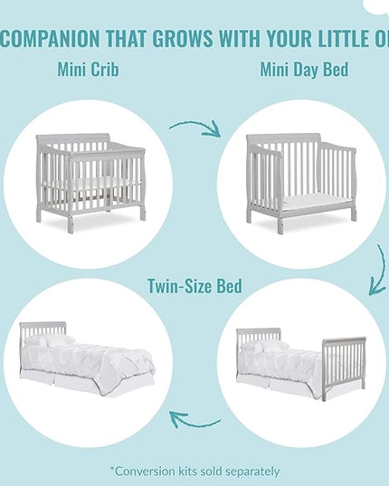 Aden 4-in-1 Convertible Mini Crib In Grey, Greenguard Gold Certified, Non-Toxic Finish, New Zealand Pinewood, With 3 Mattress Height Settings - LeafyLoom
